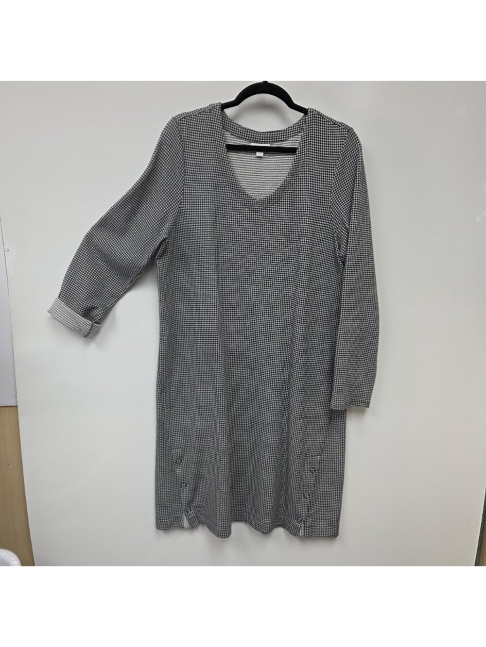 J. Jill Sweater Dress Womens Large Tall Black White Check 3/4 Sleeve Pockets